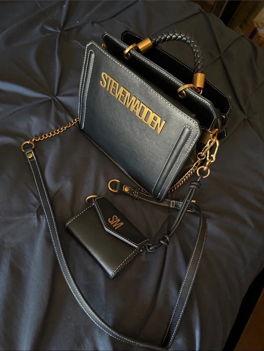 Steve Madden Black Leather Top-Handle Satchel with Gold Logo